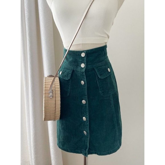 Women’s Vintage 90s Emerald Green Corduroy Button Front Skirt Academia Aesthetic - Picture 5 of 8